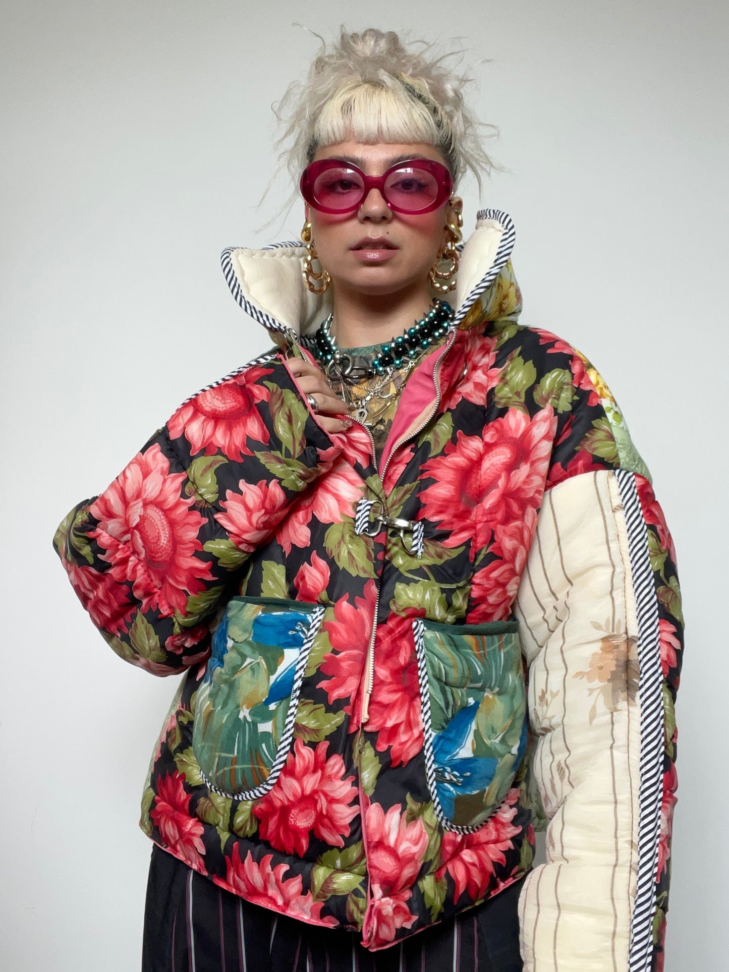 Upcycled Puffer Jacket in Pink and Mint Florals
