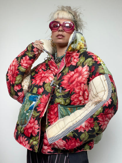 Upcycled Puffer Jacket in Pink and Mint Florals
