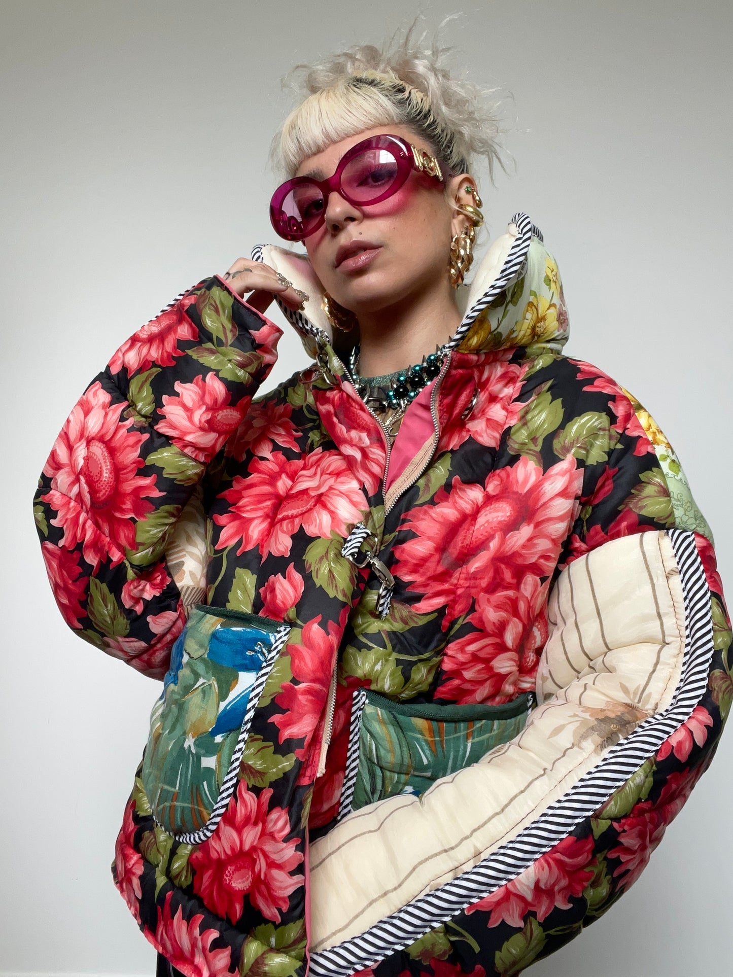 Upcycled Puffer Jacket in Pink and Mint Florals