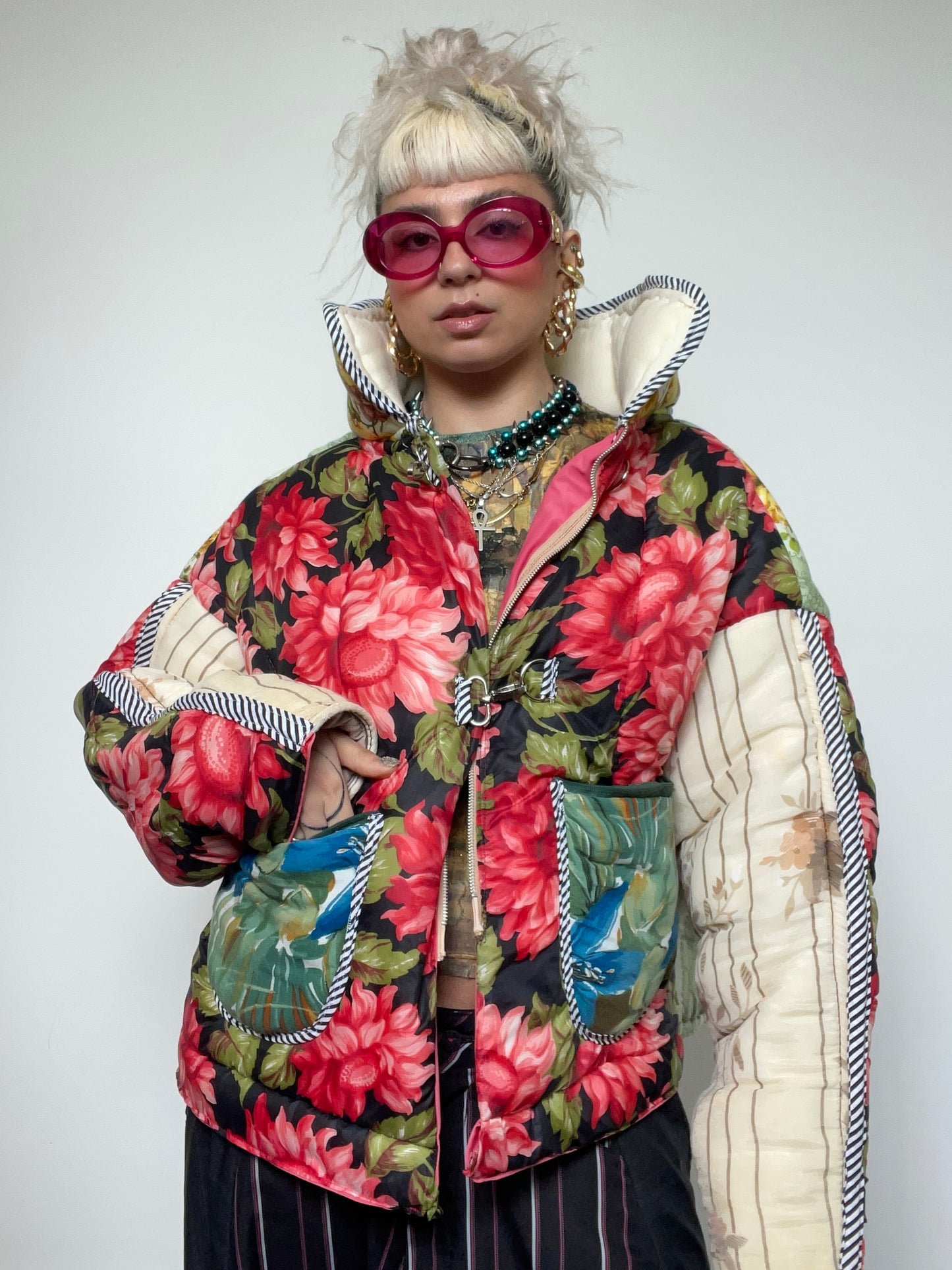 Upcycled Puffer Jacket in Pink and Mint Florals