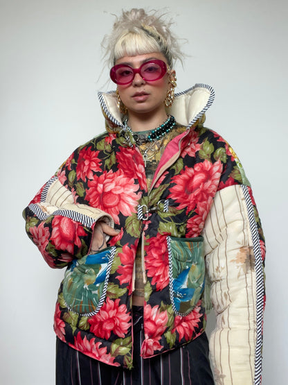 Upcycled Puffer Jacket in Pink and Mint Florals