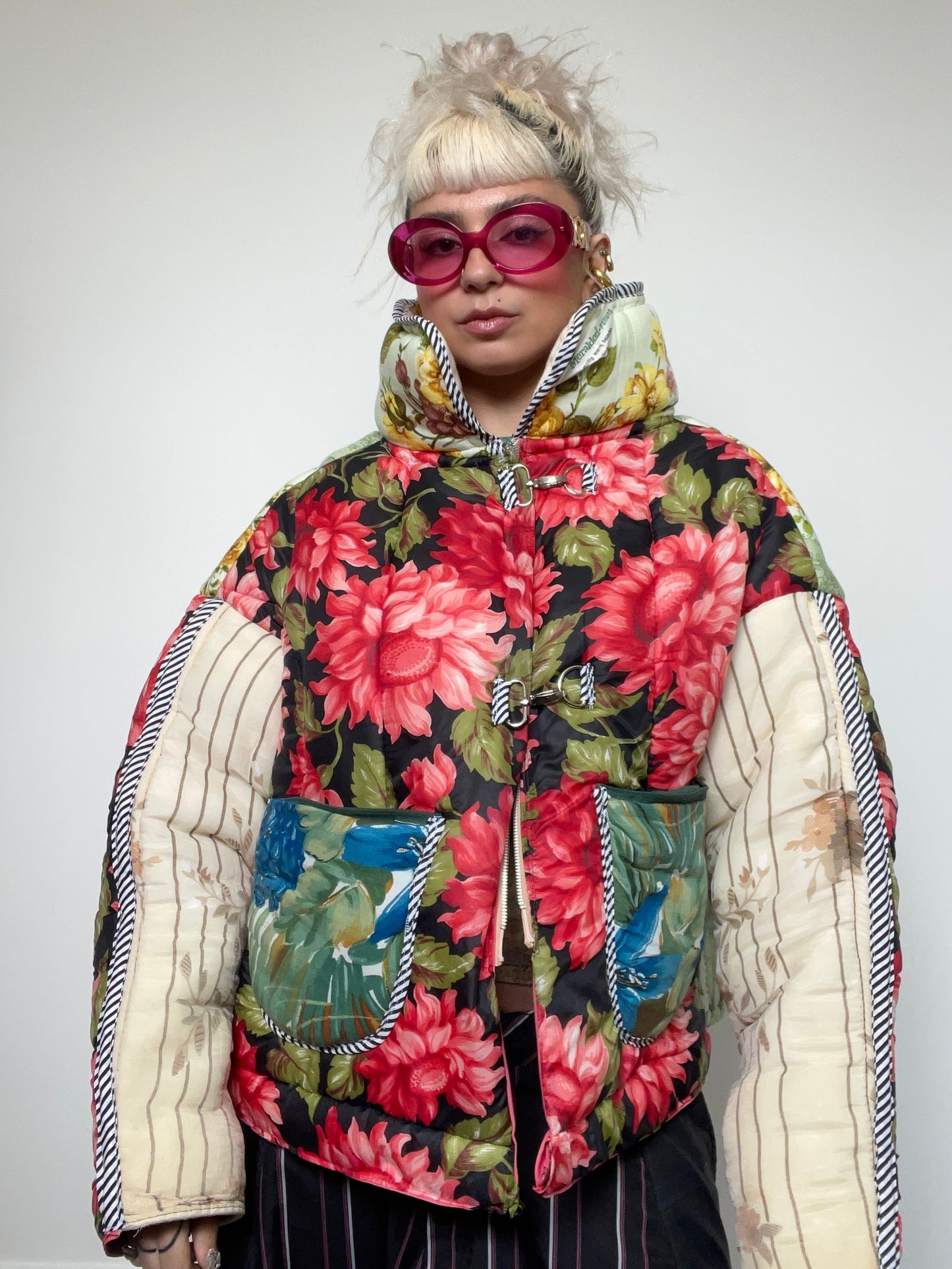 Upcycled Puffer Jacket in Pink and Mint Florals