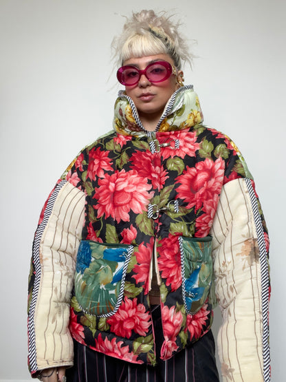 Upcycled Puffer Jacket in Pink and Mint Florals