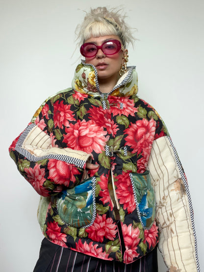 Upcycled Puffer Jacket in Pink and Mint Florals