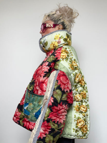 Upcycled Puffer Jacket in Pink and Mint Florals