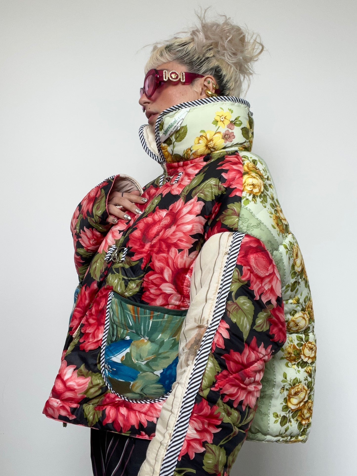 Upcycled Puffer Jacket in Pink and Mint Florals