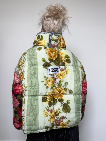 Upcycled Puffer Jacket in Pink and Mint Florals