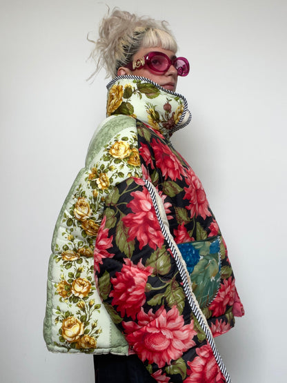 Upcycled Puffer Jacket in Pink and Mint Florals
