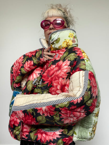 Upcycled Puffer Jacket in Pink and Mint Florals