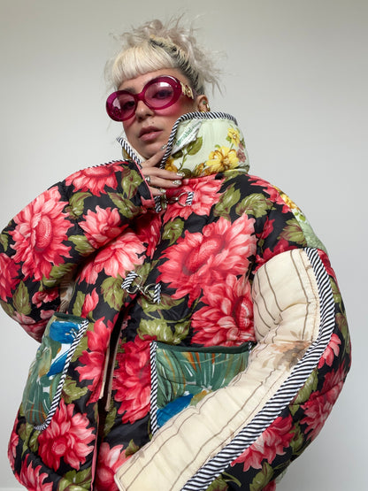 Upcycled Puffer Jacket in Pink and Mint Florals